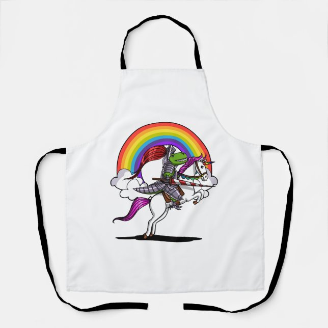 T-Rex Dinosaur Riding Unicorn Rainbow Funny Apron (Front)