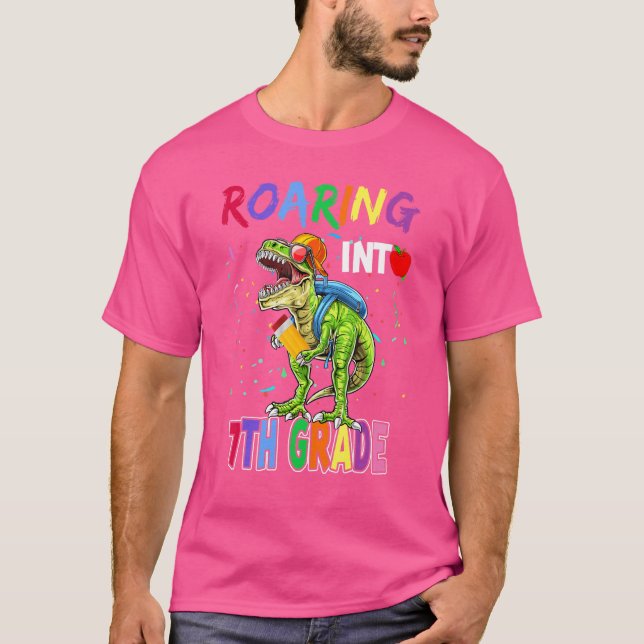 T Rex Dinosaur Roaring Into 7th Seventh Grade Back T-Shirt (Front)