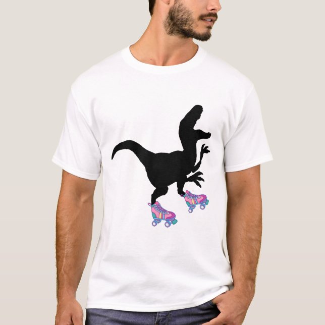 T-rex Dinosaur Roller Skating Funny T-Shirt (Front)