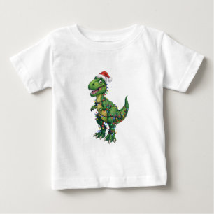 T-Rex Dinosaur Santa Hat Christmas Lights Funny   Baby T-Shirt