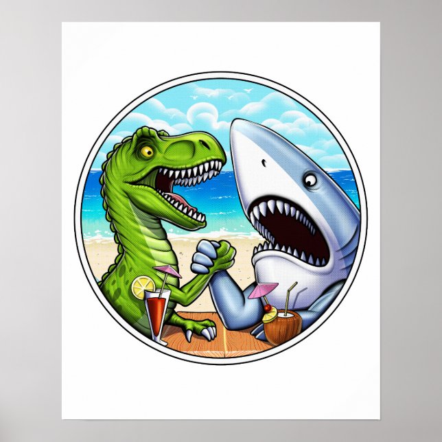 T-Rex Dinosaur Shark Arm Wrestling Poster (Front)