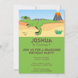 T-Rex Dinosaur & Volcano 4th Birthday Party Invitation