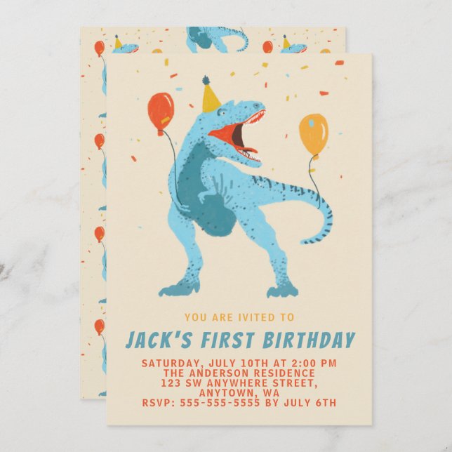 T-Rex Dinosaur Watercolor Birthday Party Invitation (Front/Back)