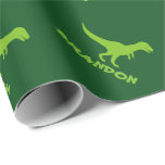T-rex dinosaur wrapping paper and custom kids name<br><div class="desc">Cute Green trex dinosaur wrapping papter personalised with kids name. Cute prehistoric t rex gift wrap design for little boys 1st birthday party, baby shower, christmas etc. Make one for son, grandson, new baby, grandchild, new mum, mother to be, newborn child etc. Wild Pre historic t-rex animal cartoon illustration for...</div>