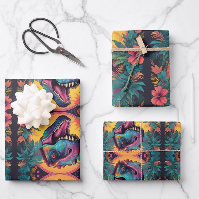 T-Rex Dinosaur Wrapping Paper Flat Sheet Set of 3 (Front)