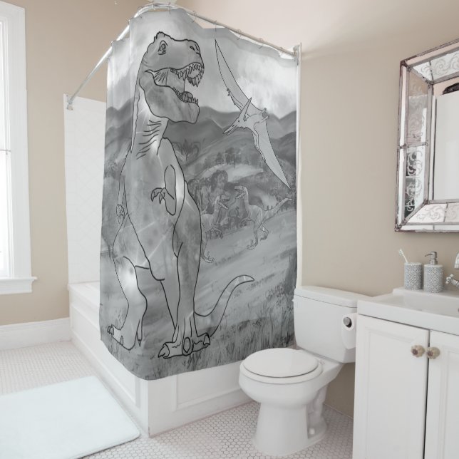 T Rex Dinosaurs Black and white Shower Curtain (In Situ)