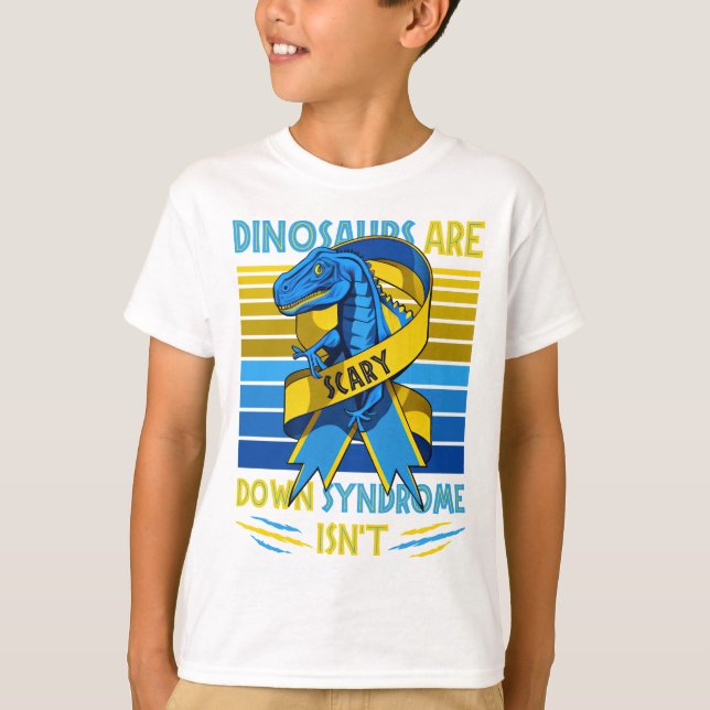 T-Rex Down Syndrome Awareness Yellow Blue Ribbon T-Shirt (Front)