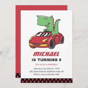T-Rex Driver Race Car Kids Boys Birthday Invitation