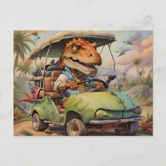 T-Rex driving green golf cart Postcard (Front)