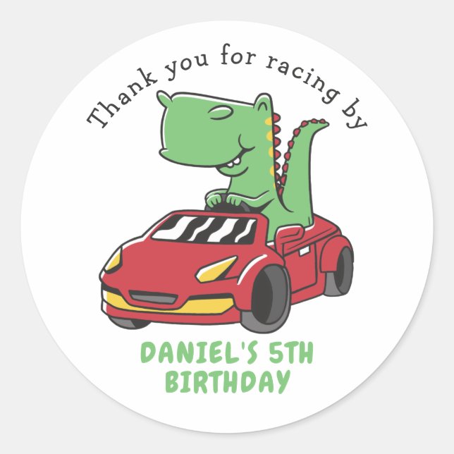T-Rex Driving Race Car Kids Birthday Party Classic Round Sticker (Front)