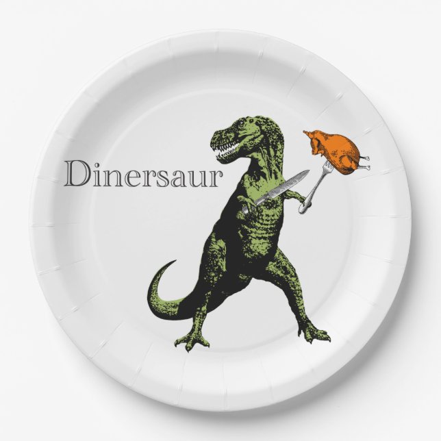 T-Rex eats chicken with knife & fork: A Dinersaur… Paper Plate (Front)