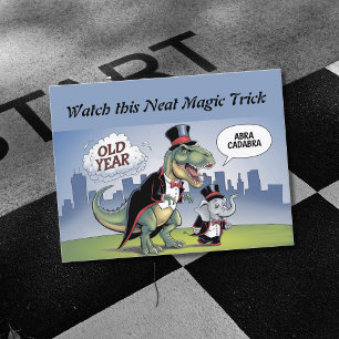 T-rex & elephant magic trick new years postcard