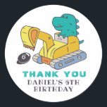 T-Rex Excavator Construction Kids Birthday Party Classic Round Sticker<br><div class="desc">Cute party favours for kids,  boys or girls who love dinosaur,  big machine and construction vehicles. A colourful illustration of T-rex riding an excavator. Perfect for kids birthday party,  party favours and thank you label.</div>