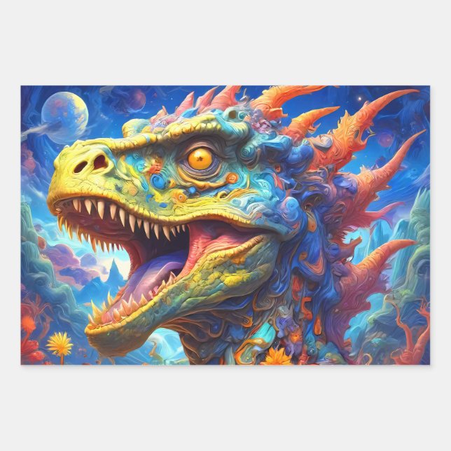 T-Rex Fantasy Dinosaur worlds Wrapping Paper Sheet (Front)