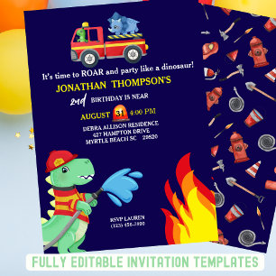 T Rex Fireman 2nd Birthday Party Invitation