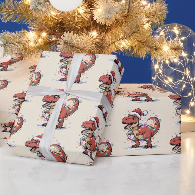 T‑Rex Funny Boy Christmas Lights Wrapping Paper (Holidays)
