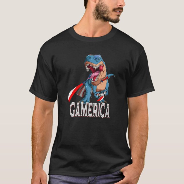 T Rex Gaming Gamerica - Funny Gaming T Rex Gamer 4 T-Shirt (Front)