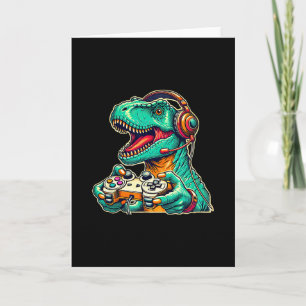 T-rex Gaming With Headset Funny Dinosaur Gamer Gra Card