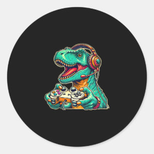 T-rex Gaming With Headset Funny Dinosaur Gamer Gra Classic Round Sticker