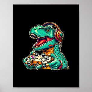 T-rex Gaming With Headset Funny Dinosaur Gamer Gra Poster
