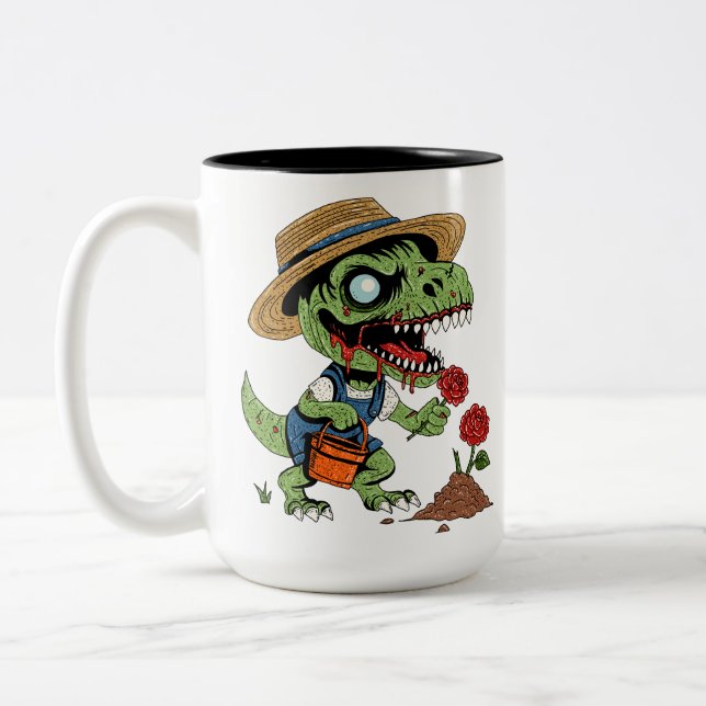 T-Rex Gardener Zombie  Two-Tone Coffee Mug (Left)