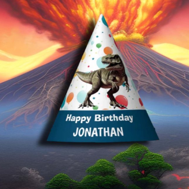 T Rex Happy Birthday Blue Party Hat (Celebrate your little one's birthday with a fun T-Rex party hat!)