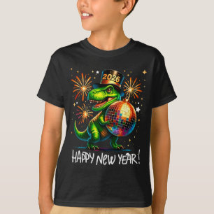 T Rex Happy New Year 2026 Disco Ball Fireworks Tee