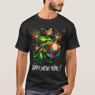 T Rex Happy New Year 2026 Disco Ball Fireworks Tee