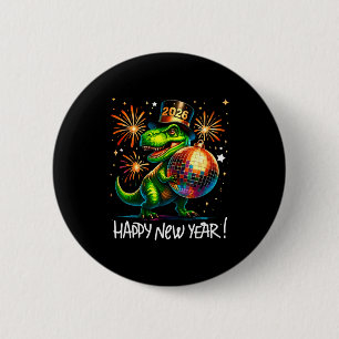 T Rex Happy New Year 2026 Disco Ball Fireworks Tee 6 Cm Round Badge