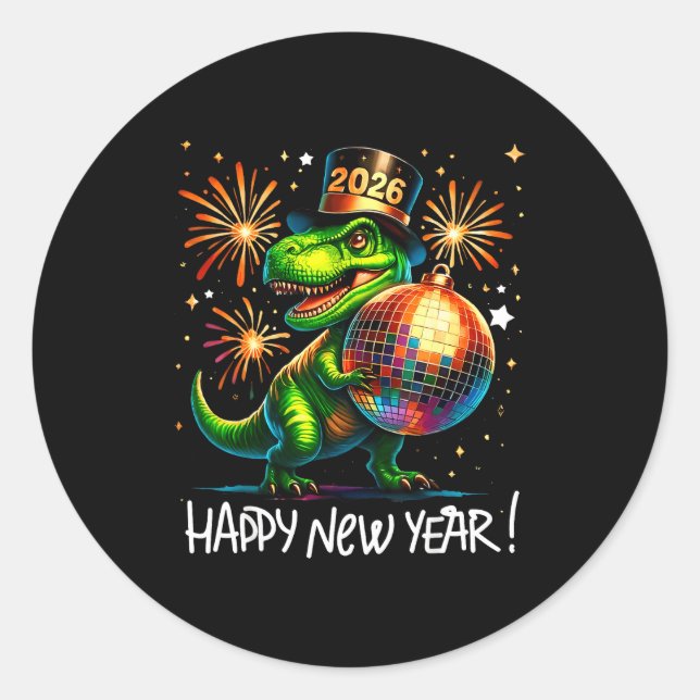 T Rex Happy New Year 2026 Disco Ball Fireworks Tee Classic Round Sticker (Front)