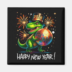 T Rex Happy New Year 2026 Disco Ball Fireworks Tee Magnet