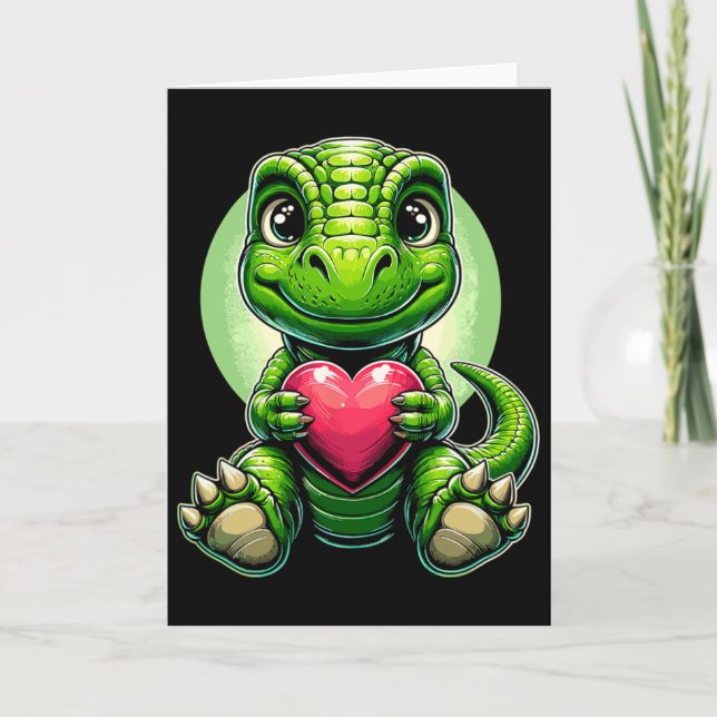 T-rex Holding Heart Valentine's Day Cute Dinosaur  Card (Front)