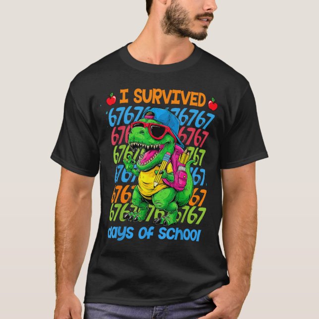 T-rex I Survived 67 Days Of School Six Seven Meme  T-Shirt (Front)