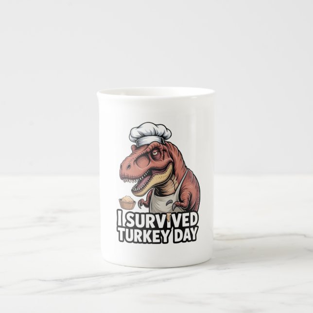 T-Rex I Survived Turkey Day Chef  Bone China Mug (Front)
