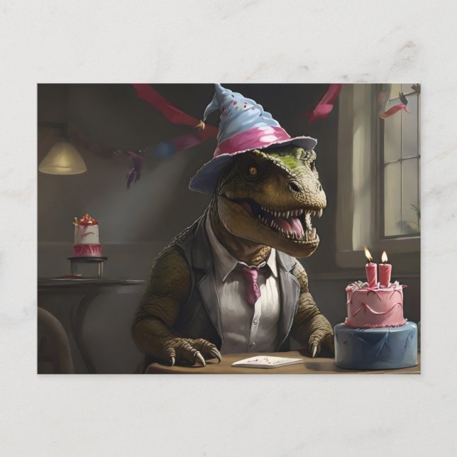 T-rex in birthday hat postcard (Front)