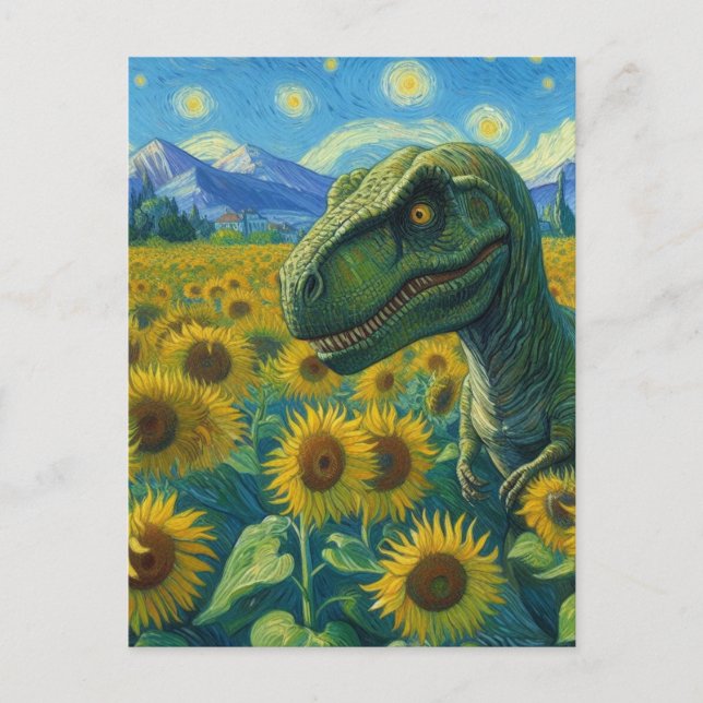 T-Rex in the Sunflower Field Van Gogh Postcard (Front)