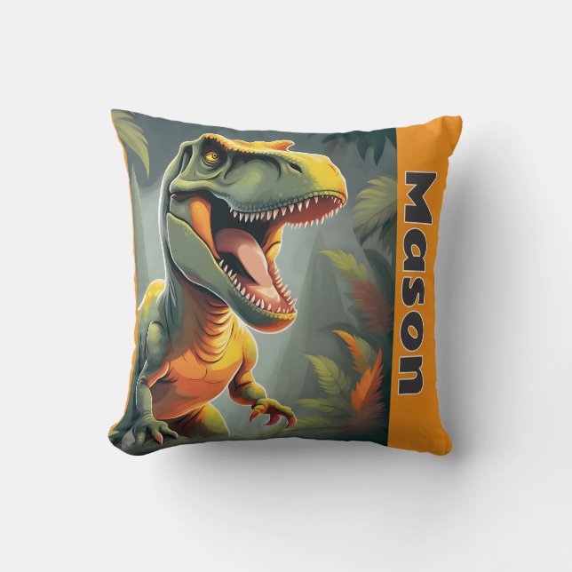 T-Rex Jurassic Dinosaur Grey and Orange Cushion (Front)