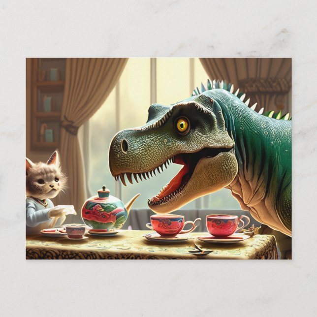 T-rex, kitten, tea party postcard (Front)