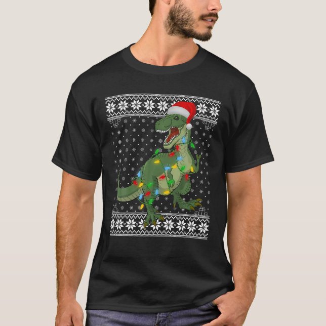 T Rex Lights Xmas Ugly Sweater Santa T Rex Christm (Front)