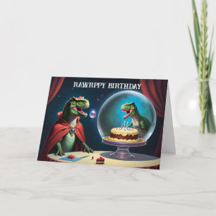 T-Rex looking at cake inside cake stand.  Card