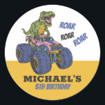 T-Rex Monster Truck Dinosaur Kids Birthday Party Classic Round Sticker<br><div class="desc">Cute party favours for kids,  boys or girls who love dinosaurs and t-rex. Perfect for kids birthday party,  party favours and thank you label. You can also customise the text for baby shower or other occasion and party.</div>