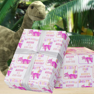 T-Rex Pink Add Name And Age Dinosaur Birthday Wrapping Paper