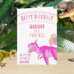 T-Rex Pink Any Age Dinosaur Happy Birthday Card<br><div class="desc">This colourful dinosaur Happy Birthday card is ready to be personalised for your child, your grandchild or nieces etc. On the front, HAPPY BIRTHDAY in a colourful arch of colourful letters is followed by space to add the child's name in hot pink and their dinosaur age (ONEASAURUS, TWO-REX, THREE-REX, DINO...</div>