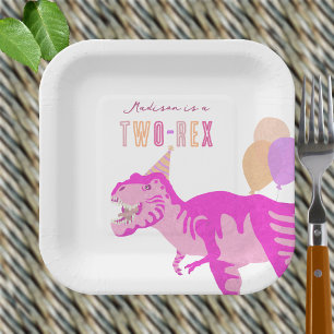 T-Rex Pink Cute Two-Rex Dinosaur Birthday Party Paper Plate