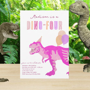 T-Rex Pink Dino-Four Fourth 4th Birthday Party Invitation