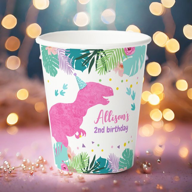 T-Rex Pink Dinosaur Girl Dino Prehistoric Birthday Paper Cups (Creator Uploaded)
