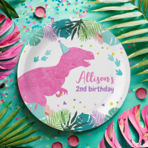 T-Rex Pink Dinosaur Girl Dino Prehistoric Birthday Paper Plate