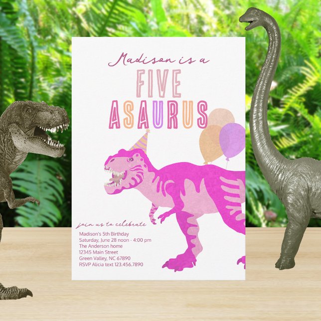 T-Rex Pink Five Asaurus Any Age Birthday Party Invitation (Change FIVE to any age you need on these dinosaur birthday party invitations for all ages)