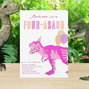 T-Rex Pink Four-Asaur Dino Fourth Birthday Party Invitation