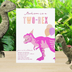 T-Rex Pink Two-Rex Dino Second 2nd Birthday Invitation